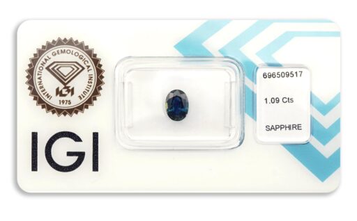safír 1.09ct deep greenish blue s IGI certifikátem