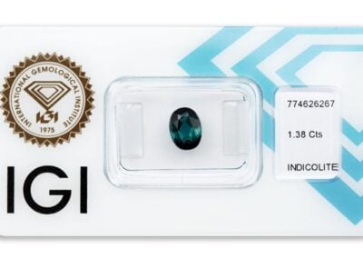 indigolit 1.38ct deep greenish blue s IGI certifikátem