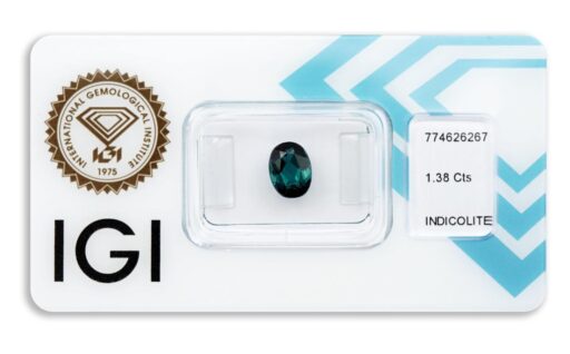 indigolit 1.38ct deep greenish blue s IGI certifikátem