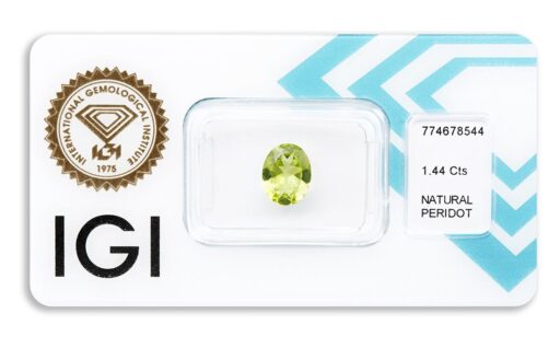 peridot 1.44ct deep yellowish green s IGI certifikátem