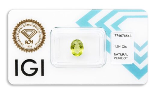 peridot 1.54ct deep yellowish green s IGI certifikátem