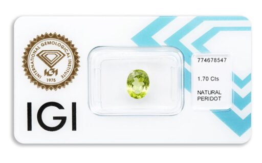 peridot 1.70ct deep yellowish green s IGI certifikátem