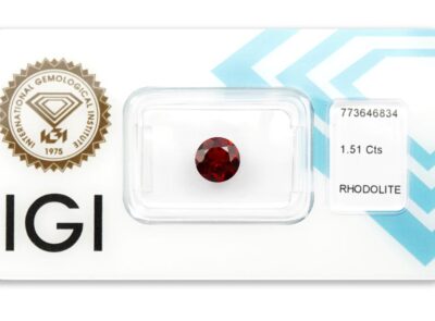 rhodolit 1.51ct deep purplish red s IGI certifikátem