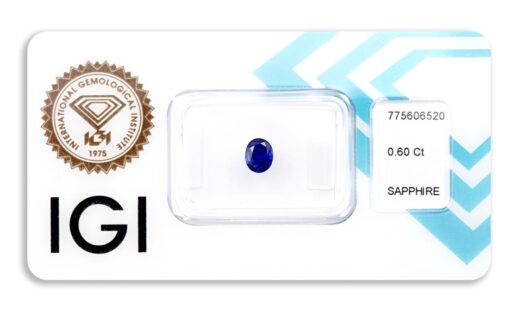 safír 0.60ct deep blue s IGI certifikátem