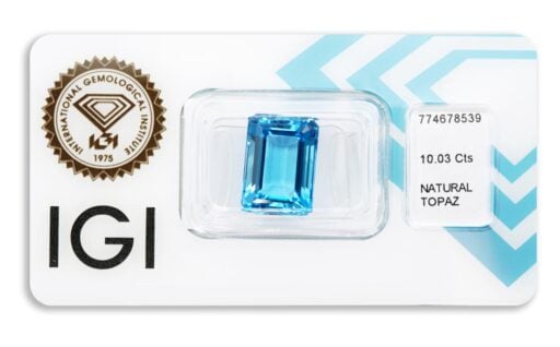 topaz 10.03ct deep blue s IGI certifikátem