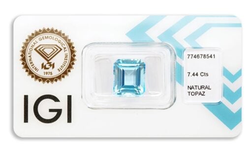 topaz 7.44ct deep blue s IGI certifikátem