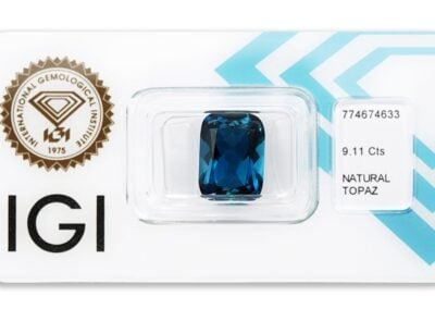 topaz 9.11ct deep blue s IGI certifikátem