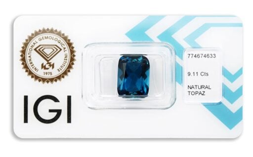 topaz 9.11ct deep blue s IGI certifikátem