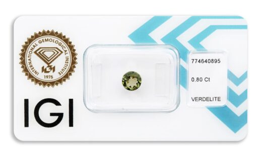 verdelit 0.80ct yellowish green s IGI certifikátem