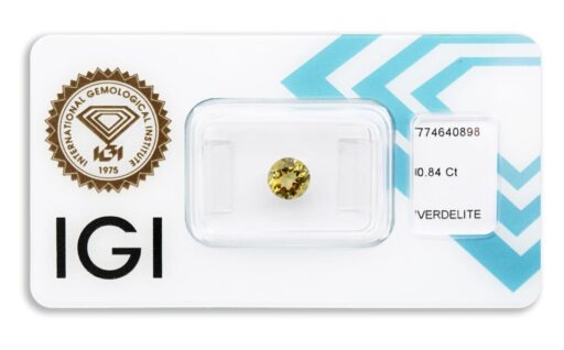 verdelit 0.84ct yellowish green s IGI certifikátem