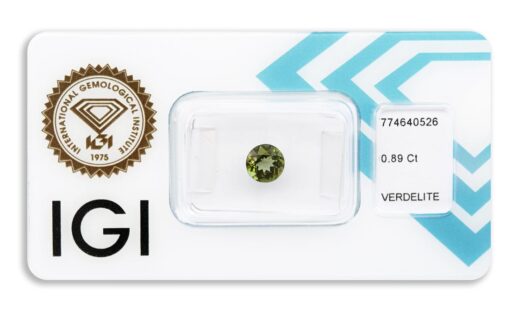 verdelit 0.89ct yellowish green s IGI certifikátem
