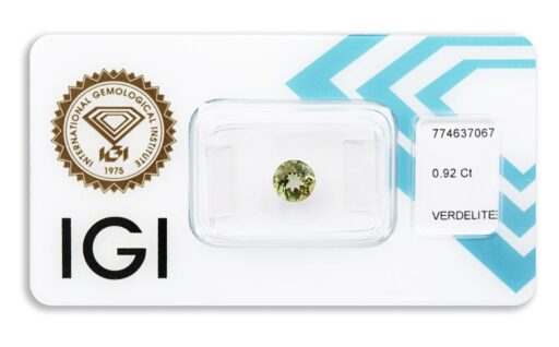 verdelit 0.92ct deep yellowish green s IGI certifikátem