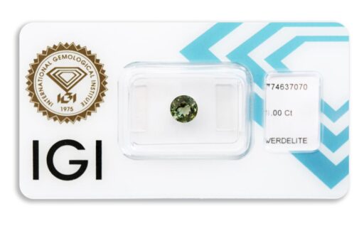 verdelit 1.00ct deep yellowish green s IGI certifikátem