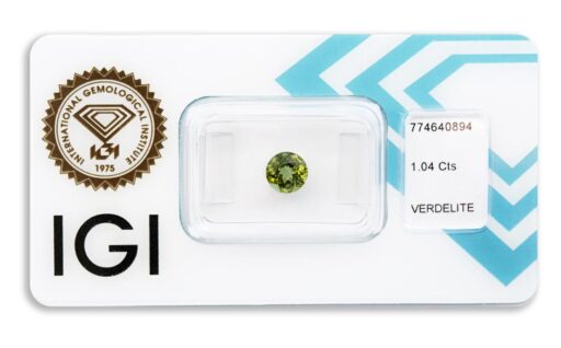 verdelit 1.04ct yellowish green s IGI certifikátem