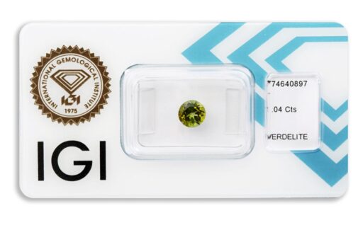 verdelit 1.04ct yellowish green s IGI certifikátem
