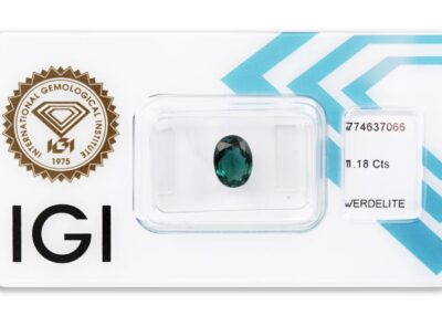 verdelit 1.18ct deep bluish green s IGI certifikátem