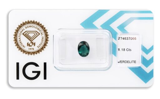 verdelit 1.18ct deep bluish green s IGI certifikátem