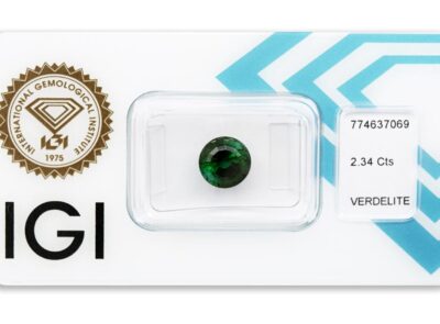verdelit 2.34ct deep bluish green s IGI certifikátem