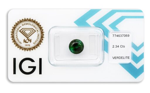 verdelit 2.34ct deep bluish green s IGI certifikátem