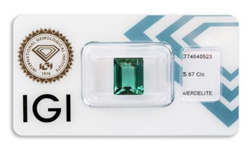 verdelit 5.67ct bluish green s IGI certifikátem