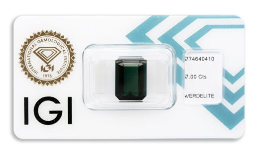 verdelit 7.00ct deep green s IGI certifikátem