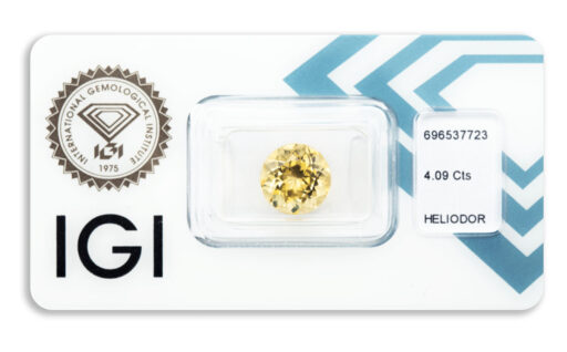 heliodor 4.09ct deep yellow s IGI certifikátem