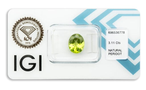 peridot 3.11ct deep yellowish green s IGI certifikátem