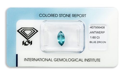 přírodní zirkon 1.60ct greenish blue s IGI certifikátem