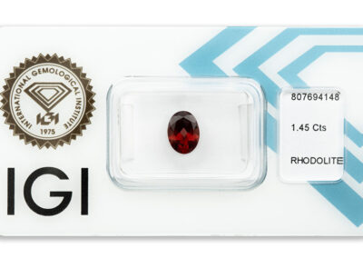 rhodolit 1.45ct deep purplish orange - red s IGI certifikátem