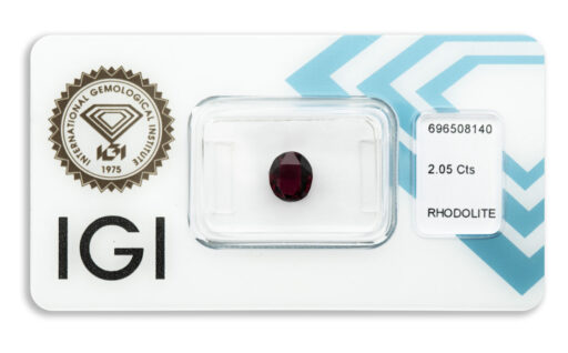 rhodolit 2.05ct deep purplish red s IGI certifikátem