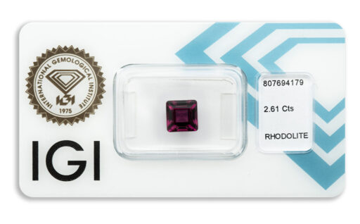 rhodolit 2.61ct deep purplish pink s IGI certifikátem
