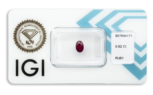 rubín 0.62ct deep pinkish purplish red (původ: Barma) s IGI certifikátem
