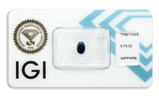 safír 0.73ct deep blue s IGI certifikátem