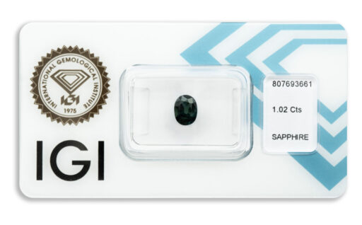 safír 1.02ct deep greenish blue (původ: Austrálie) s IGI certifikátem