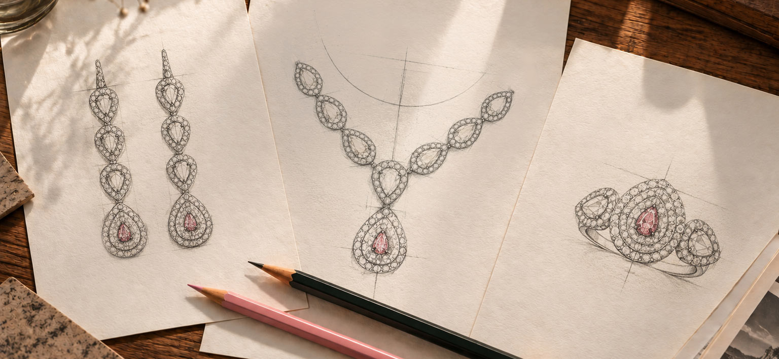 Skicy diamantového setu s růžovými diamanty.