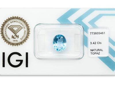 topaz 3.42ct deep blue s IGI certifikátem