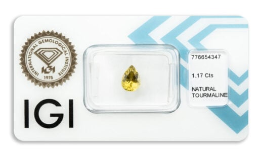 turmalín 1.17ct greenish yellow s IGI certifikátem