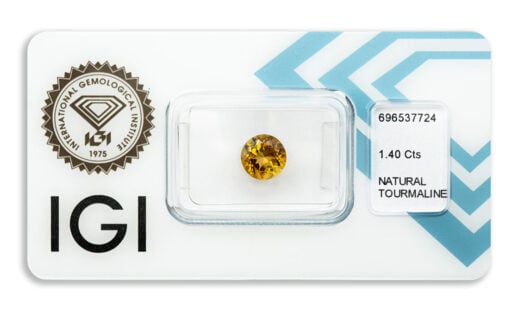 turmalín 1.40ct deep orangy yellow s IGI certifikátem