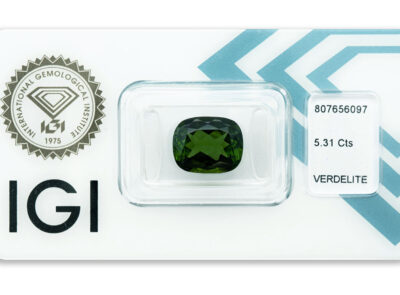 verdelit 5.31ct deep yellowish brownish green s IGI certifikátem